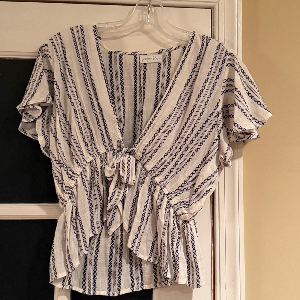 Striped V-Neck Blouse - Navy and White